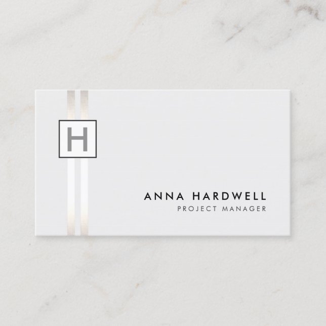 Modern Silver Stripe Professional Monogram Business Card (Front)