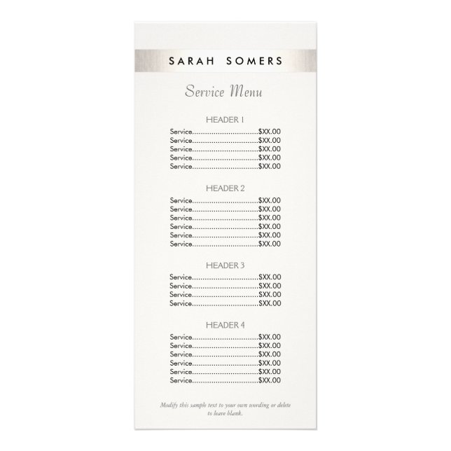 Modern Silver Striped Salon White Price List Menu (Front)