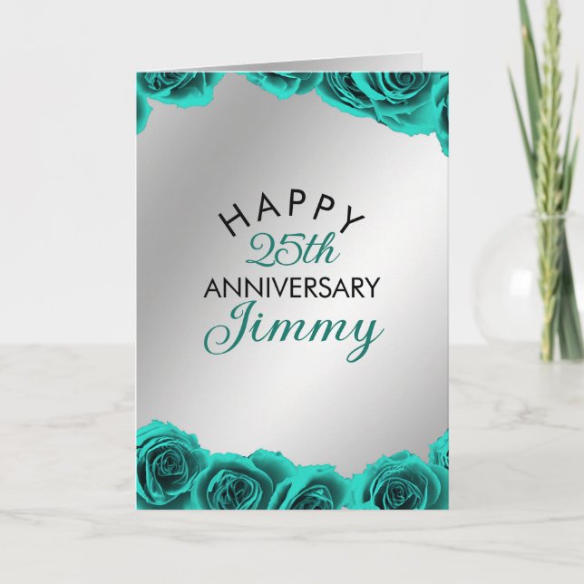 Modern Silver Teal Roses Husband 25th Anniversary Card (Front)