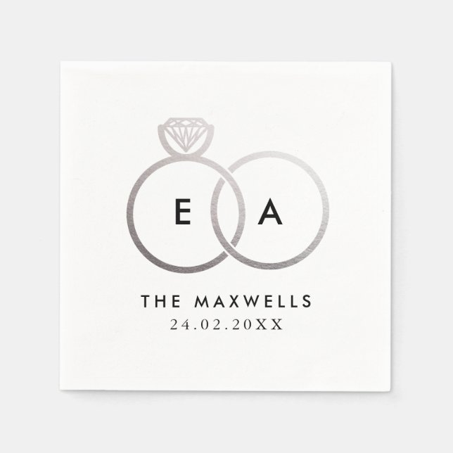 Modern Silver Wedding Rings Cocktail Napkin (Front)
