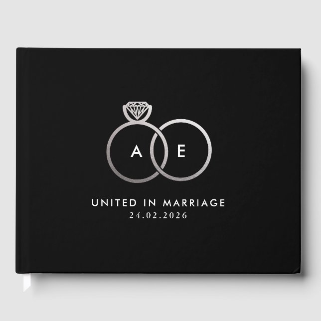 Modern Silver Wedding Rings Monogram Guestbook (Front)