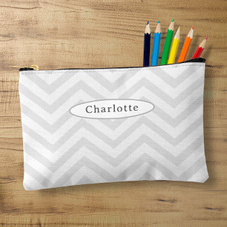 Modern Silver White Chevron Pattern Pencil Case Accessory Pouch