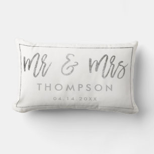 Modern silver white Mr and Mrs wedding keepsake Lumbar Cushion