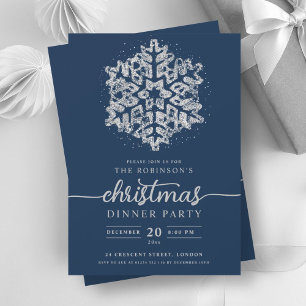Modern Silver Winter Snowflake Christmas Navy Invitation