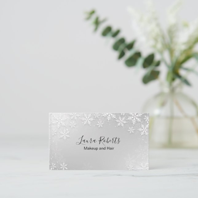 Modern Silver Winter Snowflakes Business Card (Standing Front)