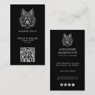 Modern Silver Wolf Barber Shop Logo Qr Code Business Card