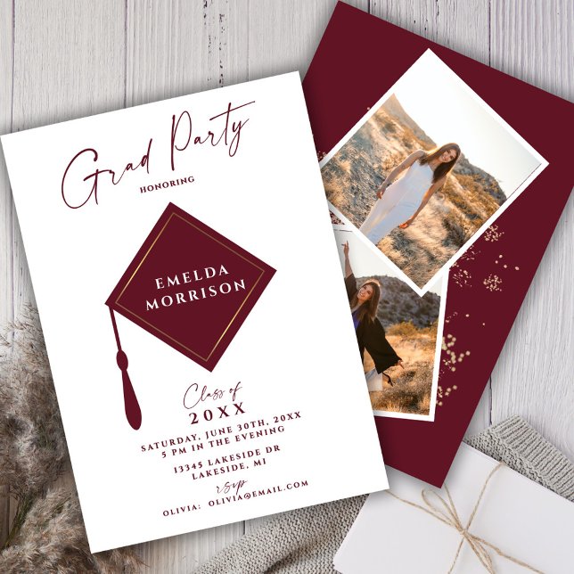 Modern Simple 2 Photo Burgundy Graduation Party Invitation (Creator Uploaded)