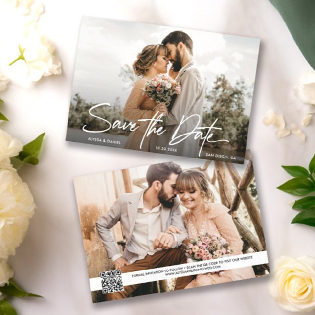 Modern Simple 2 photo QR code wedding website Invitation (Modern wedding, save the date 2 photo cards)
