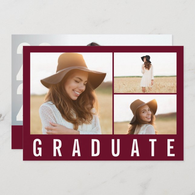 Modern simple 3 photo graduation simple burgundy announcement (Front/Back)
