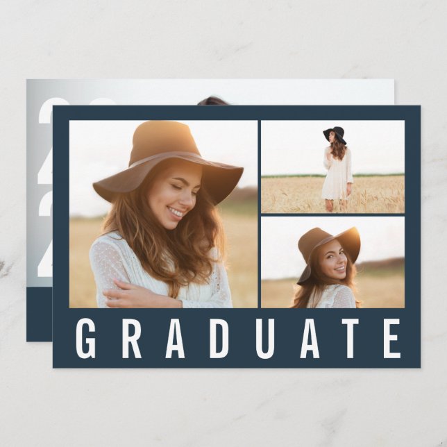 Modern simple 3 photo graduation simple navy blue  announcement (Front/Back)