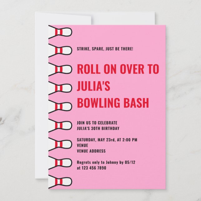 Modern Simple Any Age Pink Bowling Birthday Party Invitation (Front)