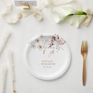 Modern Simple Autumn Dried Floral & Leaves Wedding Paper Plate