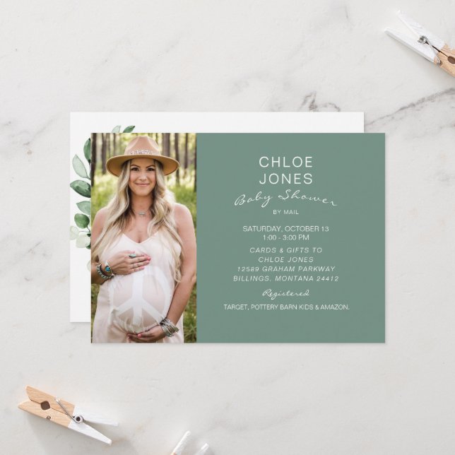 Modern Simple Baby Shower by Mail Photo Sage Invitation (Front/Back In Situ)