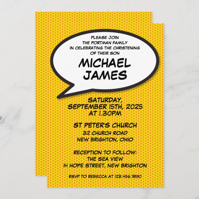 Modern Simple Baptism Christening Fun Comic Invitation (Front/Back)