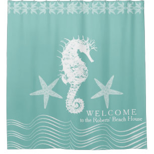 Modern Simple Beach House Ocean Seahorse Starfish Shower Curtain