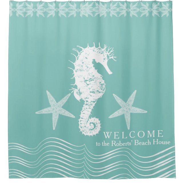 Modern Simple Beach House Ocean Seahorse Starfish Shower Curtain (Front)