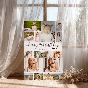 Modern Simple Birthday 16 Photo Grid Collage  Poster