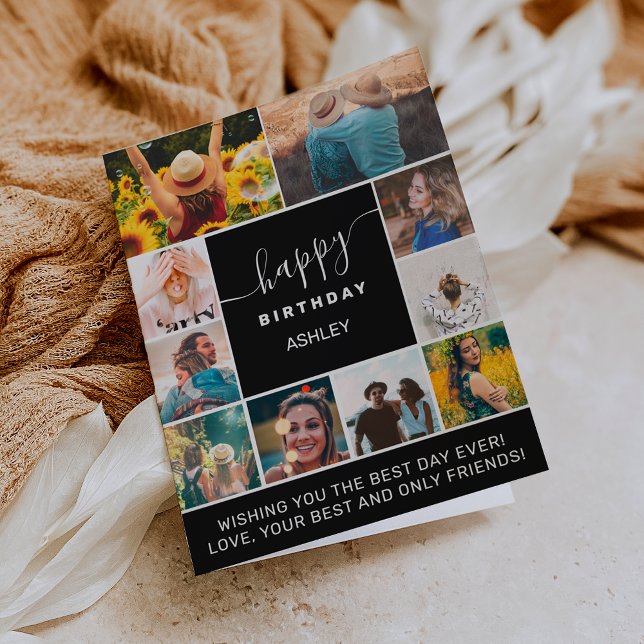 Modern simple birthday black 10 photo collage grid card (Creator Uploaded)