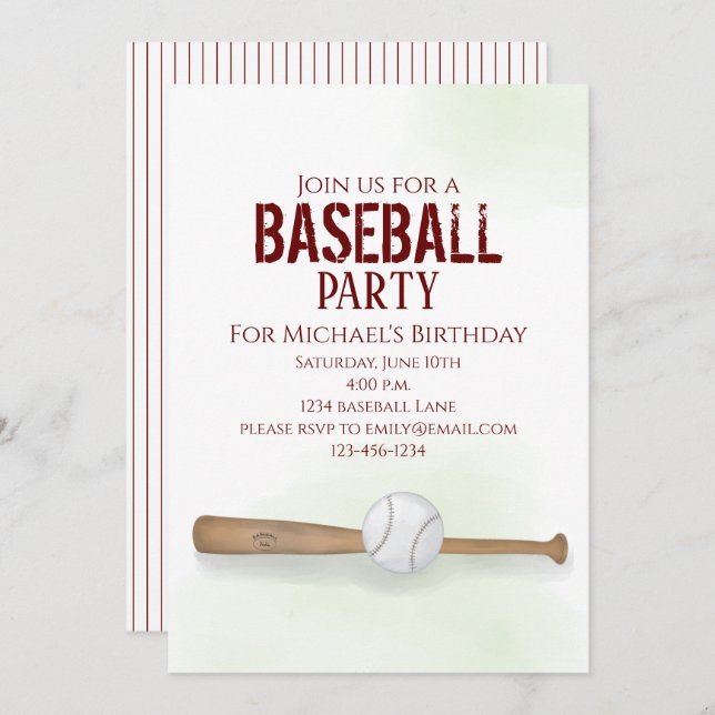 Modern Simple Birthday Watercolor Baseball Cute Invitation (Front/Back)