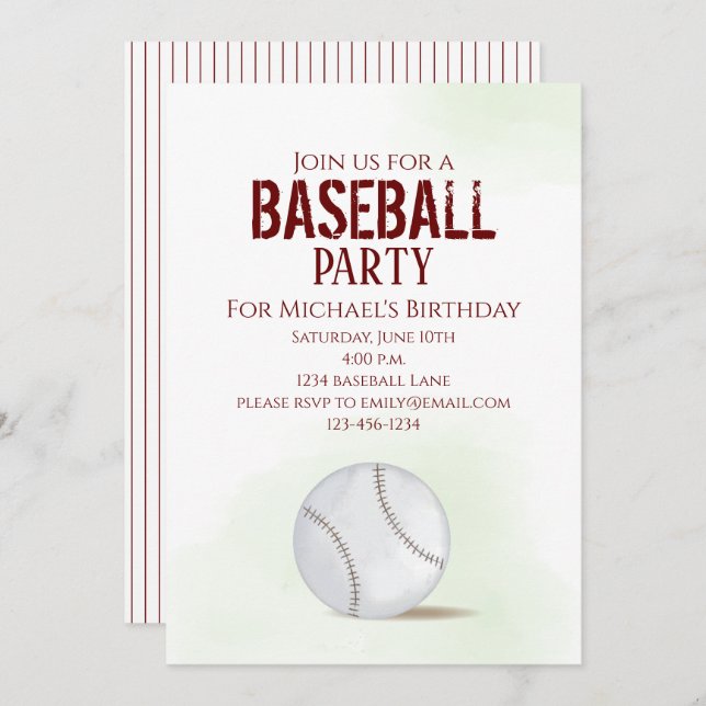 Modern Simple Birthday Watercolor Baseball Cute Invitation (Front/Back)