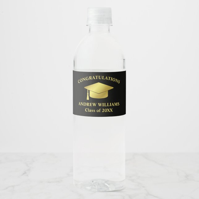 Modern Simple Black And Gold Custom Graduation Water Bottle Label (Front)