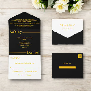 Modern Simple Black And Gold Delicate Chic Wedding All In One Invitation