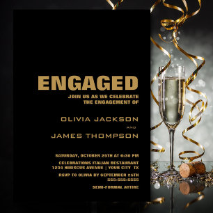Modern Simple Black and Gold Engagement Party Invitation