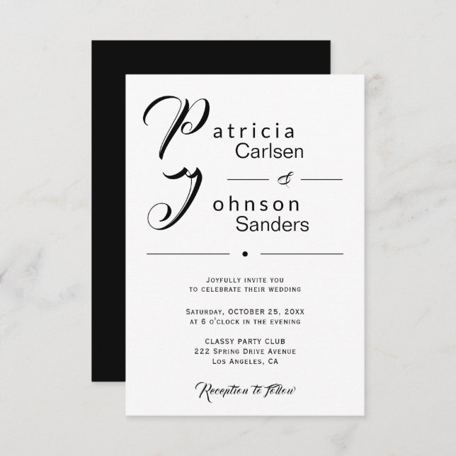 Modern simple black and white calligraphy wedding invitation (Front/Back)