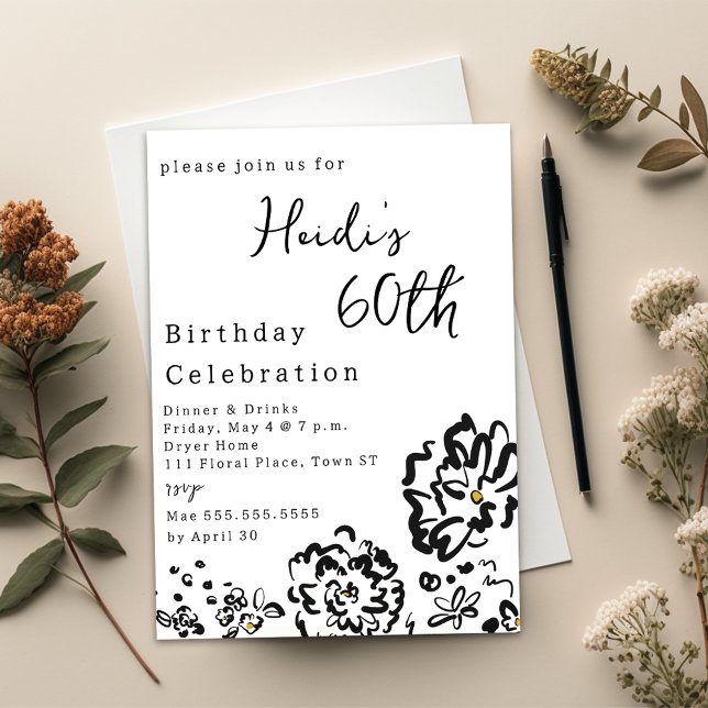 Modern Simple Black and White Flower 60th Birthday Invitation (Modern Simple Black and White Flower 60th Birthday Invitation)