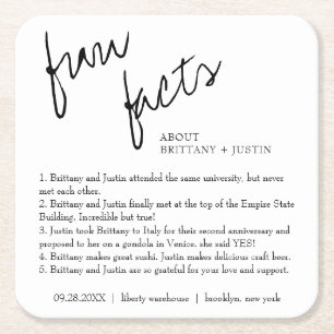 Modern Simple Black and White Fun Facts Wedding Square Paper Coaster