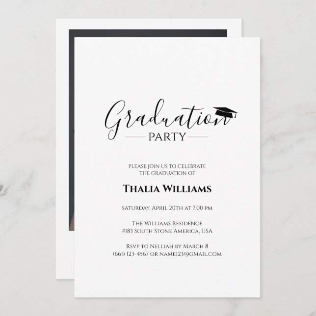 Modern Simple Black and White Graduation Party Invitation (Front/Back)