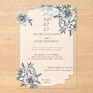 Modern simple black and white peonies wedding acrylic invitations
