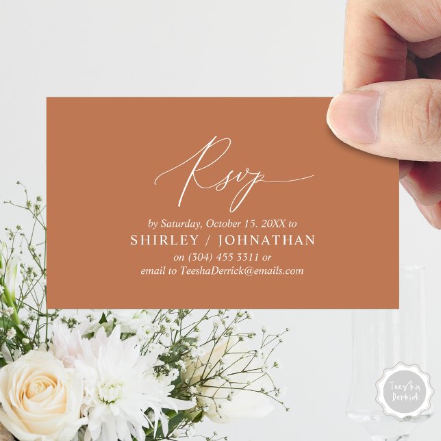 Modern Simple Black Calligraphy, Wedding RSVP Enclosure Card (Wedding Dinner Invitation RSVP Enclosed Card, Online, Email, Modern Romantic, in Copper Rust Brown)