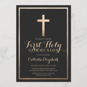 Modern Simple Black Gold Cross Border Communion Invitation
