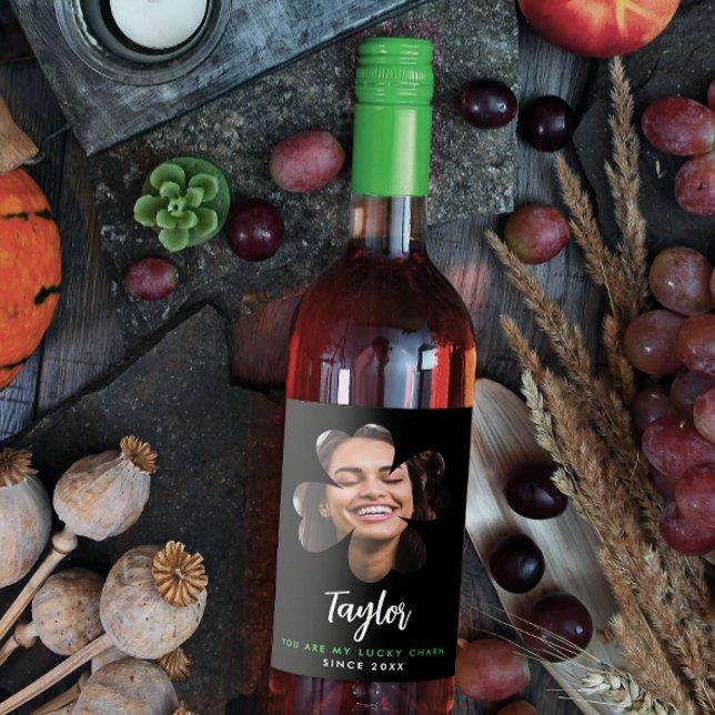 Modern Simple Black Lucky In Love Clover Photo Wine Label (Creator Uploaded)