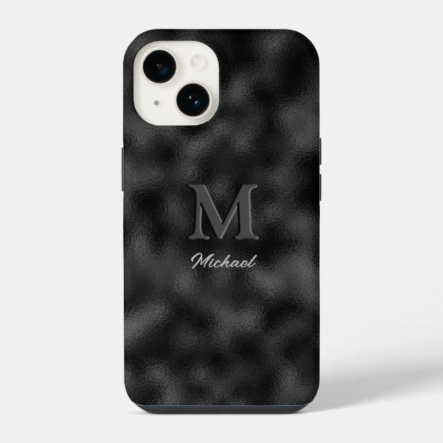 Modern Simple Black Minimalist Textured Monogramed iPhone Case (Back)