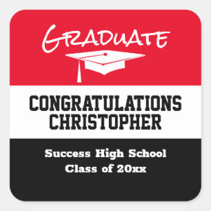 Modern Simple Black Red School Graduation Square Sticker