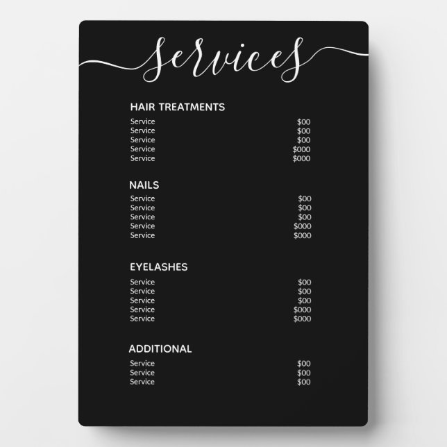 Modern Simple Black Salon Price List Service Menu Plaque (Front)