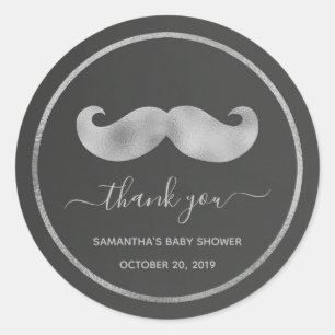 Modern Simple Black Silver Mustache Thank You Classic Round Sticker