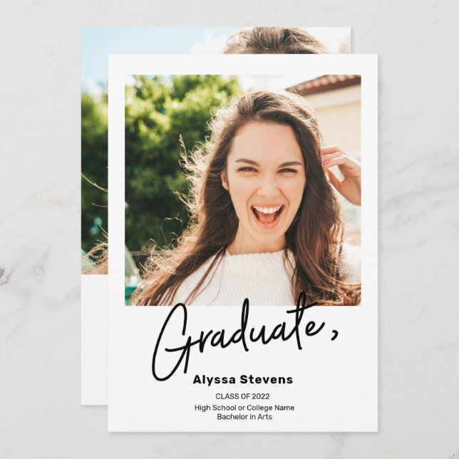 Modern simple black white 2 photos graduation announcement (Front/Back)