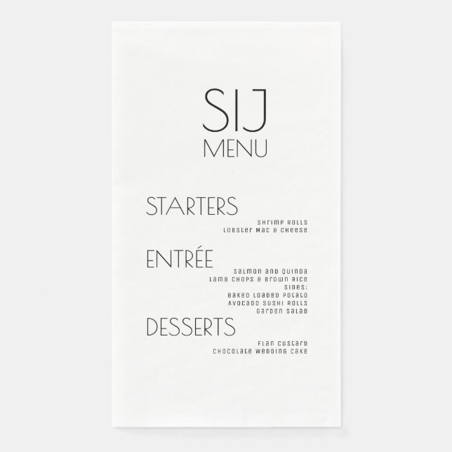 Modern Simple Black White Bold Wedding Menu Napkin (Front)