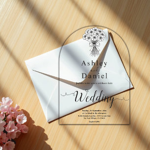 Modern Simple Black & White Bridal Bouquet Wedding Acrylic Invitations