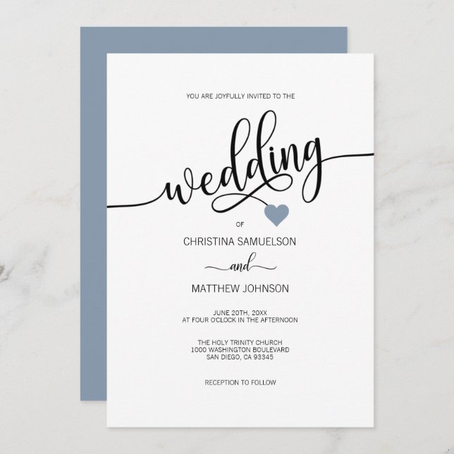 Modern Simple Black White Dusty Blue Heart Wedding Invitation (Front/Back)