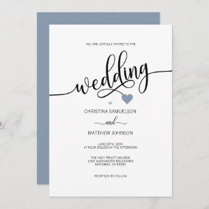 Modern Simple Black White Dusty Blue Heart Wedding Invitation