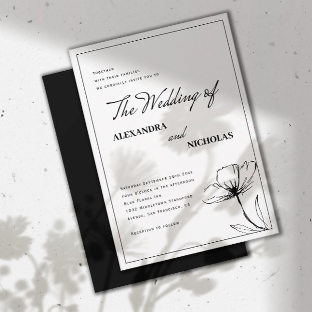 Modern Simple Black White Floral Wedding Invitation (Creator Uploaded)
