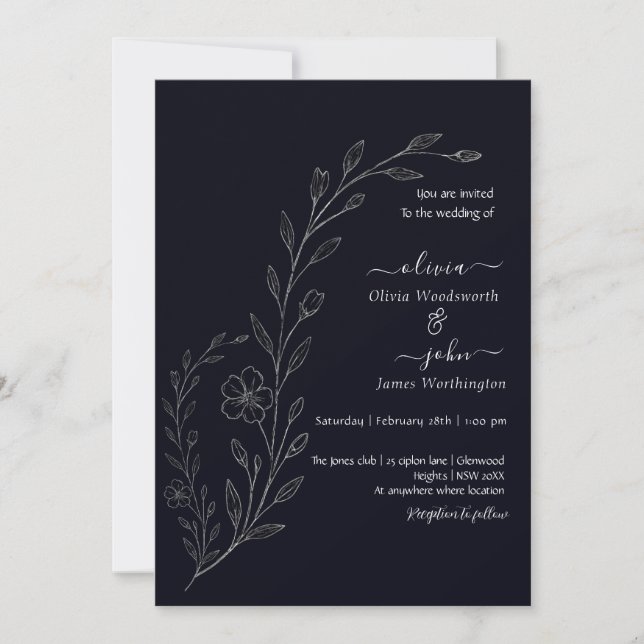 Modern simple black & white minimalist floral vine invitation (Front)