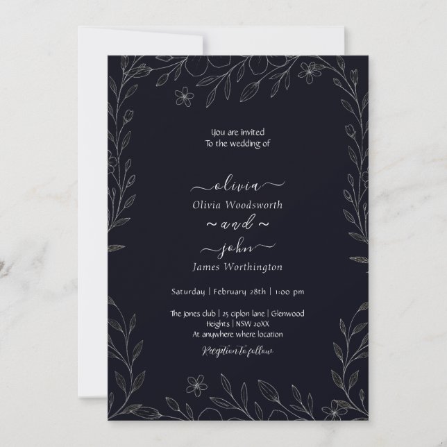 Modern simple black & white minimalist floral vine invitation (Front)