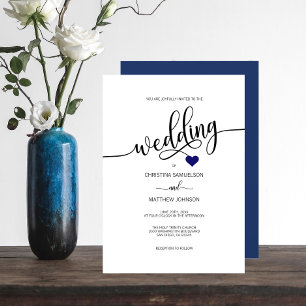 Modern Simple Black, White Navy Blue Heart Wedding Invitation