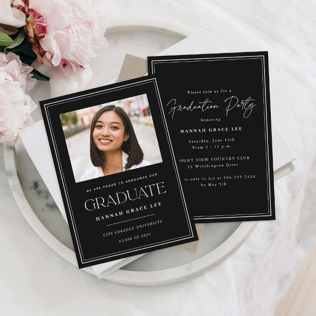 Modern Simple Black White Photo Graduation Party Invitation (Creator Uploaded)