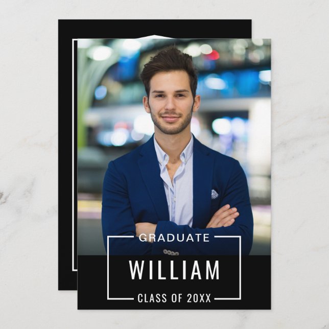 Modern Simple Black White PHOTO Graduation Party Invitation (Front/Back)